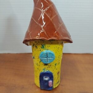 Studio Pottery Fairy House Hand Painted Glazed Ceramic Figurine 7"